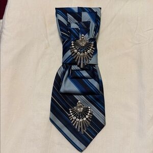 Blue Striped Tie with Silver Brooch